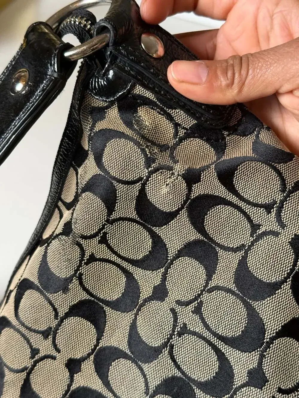 Coach Signature Canvas Hobo Bag with Black Leather Trim